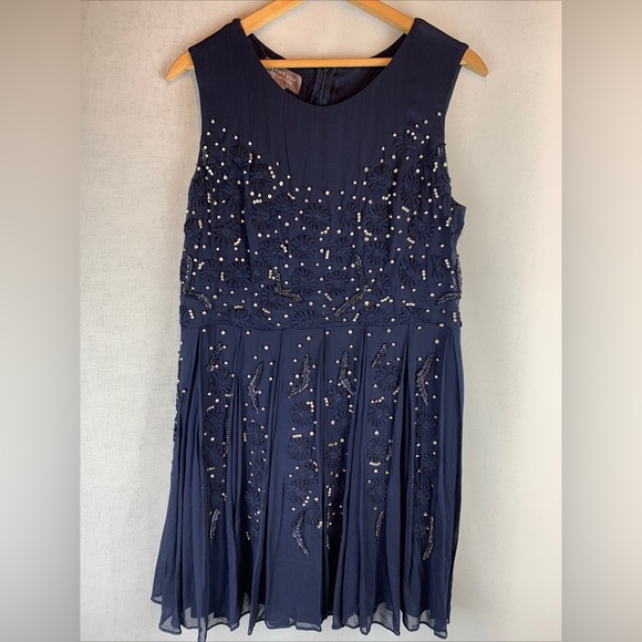 Jenny Too Blaire Navy Cocktail Dress Embroidered XL Wedding Guest - Picture 1 of 13